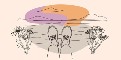 Poster - Whimsical Clouds Under a sky painted with soft pastel clouds a person sits at the edge of the lake feet dangling near the waters surface. They are sketching in their journal