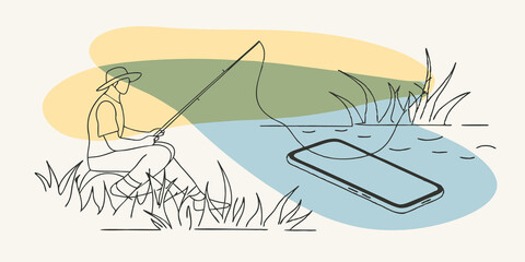 Aufkleber - Unplugged Moments The angler sits crosslegged on the shore with their fishing rod resting beside them. In the foreground a smartphone lies forgotten in the grass emphasizing their