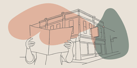 Poster - Urban Exploration In a quaint neighborhood an individual stands by a charming vintage building gazing down at a folding map. With the urban environment bustling around them they