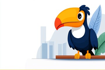 Leinwandbilder - A flat design of a toucan with a large, colorful beak sitting on a branch, set against a clean white backdrop