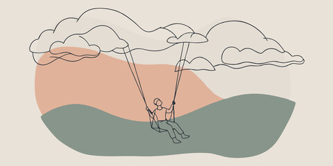 Aufkleber - Whimsical Escape A solitary figure swings back and forth allowing their imagination to soar. The valley below is a tapestry of vibrant greens and deep blues with fluffy clouds