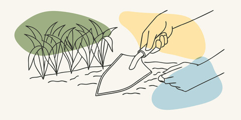 Poster - Weeding the Garden With a small hand trowel a person digs into the soil to remove stubborn weeds that threaten their vegetable plants. They have a content smile feeling the