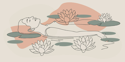 Poster - Water Lilies A closeup of the person floating amidst delicate water lilies. Pink and white flowers bloom around them creating a vibrant contrast to the tranquil water enhancing the