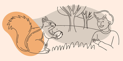 Poster - Wildlife Observation A curious squirrel scurries across the grass stopping occasionally to nibble on a piece of food accidentally dropped. The person watches with a smile