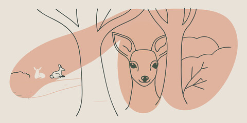 Poster - Wildlife Encounter A deer peeks shyly from behind a tree off the path its gentle gaze harmonizing with the peaceful setting. Small animals are suggested in the underbrush