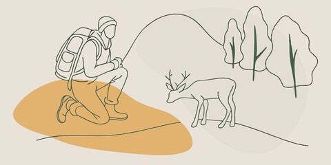 Poster - Wildlife Encounter As the hiker ascends they spot a small deer quietly grazing nearby. The person crouches silently observing the graceful creature and appreciating this unexpected
