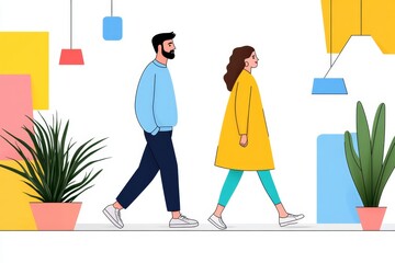 Poster - A flat vector design of a couple walking together, surrounded by simple geometric shapes in pastel tones