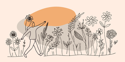 Poster - Wildflower Meadow The person strolls through a meadow filled with wildflowers in various shades of blue yellow and purple. Their presence brings a sense of joy and freedom as they