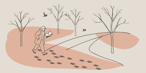 Poster - Wildlife Patterns A person walking along a path surrounded by animal tracks that crisscross the snow. The individual bends down to map the pattern with a notebook while birds are