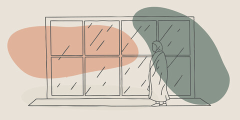 Aufkleber - Window View A silhouette stands at a large window the glass fogged slightly from the warmth inside. Rain pours down and the person watches intently as droplets race each other down