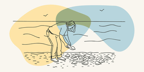 Poster - Wind and Waves A person stands with their back to the viewer the wind tousling their hair as they gather shells. The rhythmic sound of the waves emphasizes the calming presence of