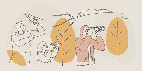 Aufkleber - Wildlife Spotting A lively scene where friends gather around a naturalist holding binoculars eagerly peering at a bird perched on a branch. The excitement is palpable as they share