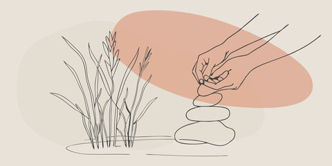 Aufkleber - Winds Whisper A person positions a handful of pebbles at the edge of the sand to represent a riverbank. Nearby soft grasses sway in the breeze enhancing the gardens calming