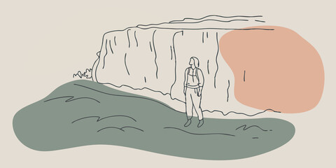 Poster - Windswept Bliss A lone hiker stands atop a grassy knoll hair blowing gently in the breeze. The view is breathtaking with vibrant greenery below and weathered cliffs reaching up