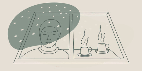 Poster - Window Scene The scene shows a closeup of a persons face reflected in the window. Flurries swirl beyond the glass while inside hot tea brews on the stove and the air feels warm and