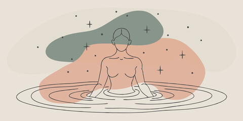 Poster - Zen Moment In this illustration the person sitting upright in the hot spring is meditating with calm concentration. The night sky is a canvas of deep blues and ling stars and