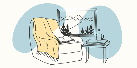Poster - Writing Nook by the Window A warm and inviting writing nook featuring a plush armchair draped with a knitted blanket. A small wooden table holds an open notebook and a steaming mug