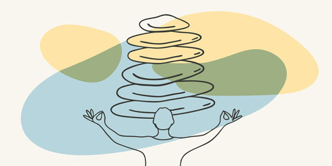 Aufkleber - Achieving Balance The person proudly admires a successfully balanced rock sculpture with stones teetering delicately on one another. Their posture is relaxed and centered