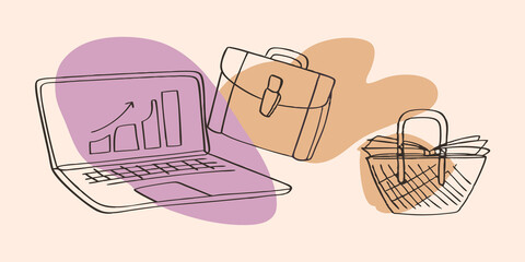 Poster - Work and Play Symbols Around the laptop small icons of workrelated tools like a briefcase and charts float whereas around the nature side symbols of leisure like a book and a