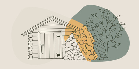Poster - Woodpile and Tool Shed A neatly stacked woodpile sits beside the tiny house ready for the fireplace inside. Nearby a small sy tool shed holds gardening tools and equipment blending