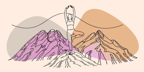 Aufkleber - Yoga Pose on a Ridge A figure strikes a yoga pose on a rocky ridge with snowcapped peaks in the distance. The sky is clear blue as they breathe deeply arms stretched to the sky