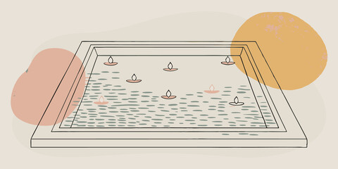 Poster - Zen Reflection A minimalist scene depicting a rectangular pool with floating candles arranged in a perfect line. The clear evening sky reflects off the water and the soft flicker