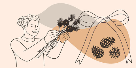 Poster - Adding Decorative Touches The illustration depicts the person adding decorative elements such as ribbon or small pinecones to the dried flower arrangement. They are smiling clearly