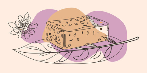 Poster - A creamy bar of soap with oats visibly mixed in showcasing its natural wholesome ingredients. The soap is p on a leaf surrounded by a delicate flower arrangement. Sunlight filters