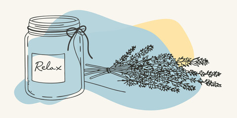 Poster - A pretty glass jar filled with soft purple bath salts infused with lavender essential oil. A small label reading Relax is affixed to the jar accompanied by a handful of dried