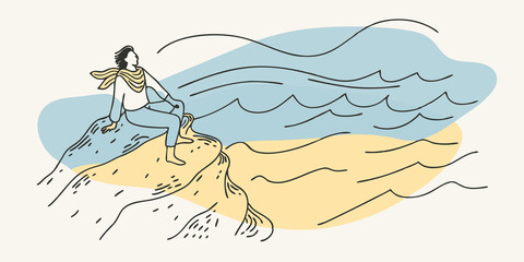 Poster - Adventurous Vibes A person sits casually on a jagged rock one leg dangling off the side. They wear a colorful scarf that flutters in the wind as they watch the tumultuous waves.