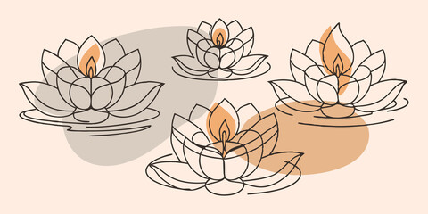 Poster - A Dance of Light and Color In a still pond glowing candles float like tiny boats their flames dancing gently. Pink and yellow blossoms surround them their colors mirrored in the