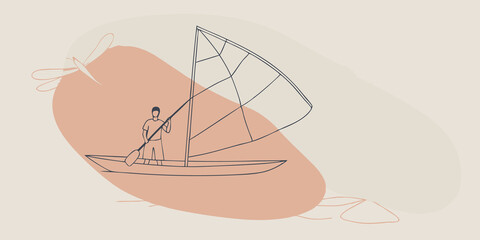 Poster - A Gentle Breeze The lone sailor adjusts the sail feeling a soft wind on their face. Nearby water lilies float lazily on the surface while dragonflies dart above the flowers their