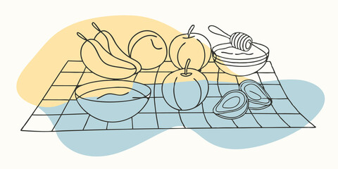 Poster - Artful Arrangement A tasteful display of fresh whole fruits is set at the center of the picnic. Pears peaches and plump apricots sit alongside bowls of yogurt and honey inviting