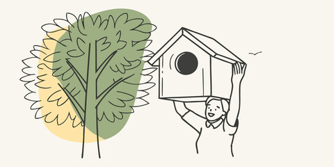 Poster - Admiring the Finished Product The final illustration shows the person standing proudly beside the completed birdhouse a beaming smile on their face. The birdhouse is hung from a