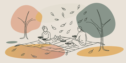 Poster - Autumn Leaf Inspiration In a park filled with falling leaves artists sit comfortably on picnic blankets surrounded by an array of oranges reds and yellows. They eagerly paint the
