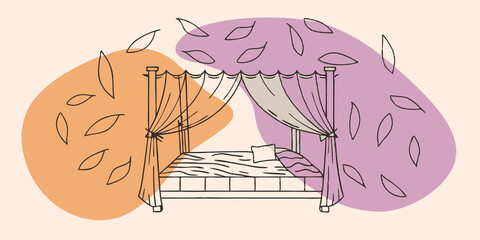 Poster - Autumn Vibes The canopy bed is surrounded by autumn foliage with warm colors of orange red and yellow leaves drifting down from the trees. A cozy knitted blanket is draped over the