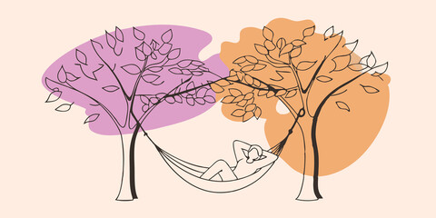 Poster - Autumn Vibes A person enjoys the colorful foliage of autumn in a hammock hung low between two vibrant maple trees. Leaves in shades of red and orange cascade down and the person is