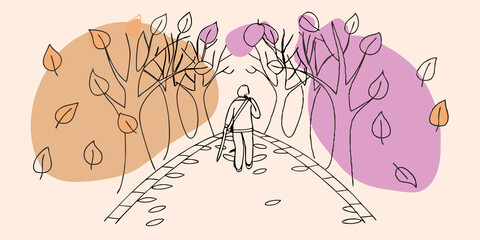Poster - Autumn Pathway A painter stands on a leafcovered path in an autumn forest surrounded by trees ablaze with red orange and gold leaves. Their brush moves swiftly across the page