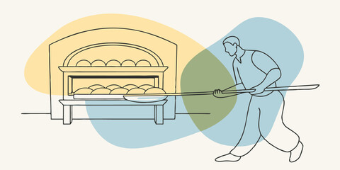 Aufkleber - Baking the Bread The baker slides the shaped loaves onto the ovens stone floor using a longhandled paddle. The mouth of the oven exudes warmth and enticing aromas as the loaves