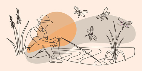 Poster - Bait and Patience The person carefully prepares their bait focusing intently while seated on a grassy bank. The scene is peaceful with colorful dragonflies flitting around and the