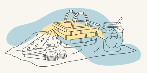 Poster - Baskets of Goodies A woven basket sits on the blanket filled with an assortment of homemade treats. There are neatly wrapped sandwiches a jar of fresh fruit and a batch of cookies