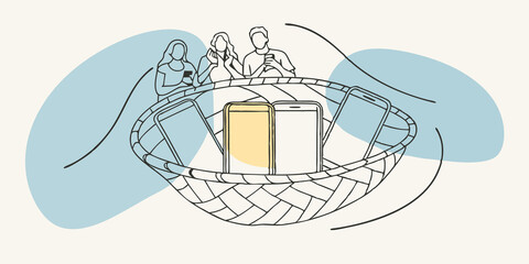 Poster - Basket of Phones In the foreground a woven basket holds several smartphones neatly p side by side. The phones are turned off indicating a digital detox as friends laugh and share