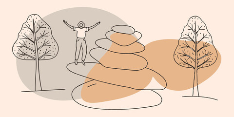 Poster - Balanced Sculpture The growing stone stack begins to take shape featuring a harmonious arrangement of different stones. The persons expression reflects joy and satisfaction as they