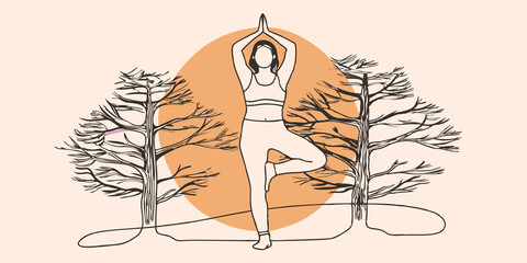 Poster - Balancing Act Standing on one leg in a Tree pose the individual lifts their other foot to rest on their inner thigh showcasing concentration and peacefulness. The low sun creates a