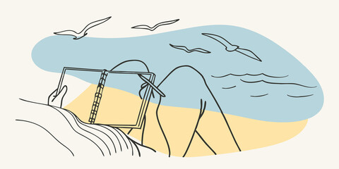 Poster - Beachside Serenity A person sits on warm sand their notebook resting on their lap as they listen to the gentle waves lapping at the shore. They write down their thoughts while
