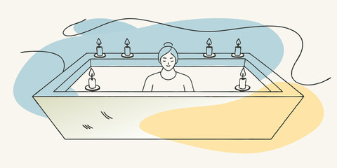 Poster - Bathing in Candlelight A person is seated in a warm bath illuminated by floating candles. The soft light dances across the water creating a serene environment for meditation while