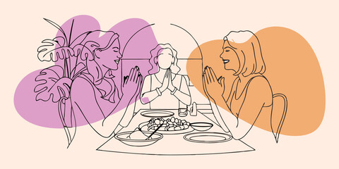 Poster - Before diving into their meal the friends hold hands and share a few words of gratitude for the food friends and nature. They are seated in a circle their expressions calm and
