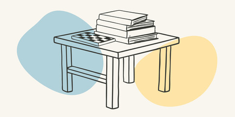 Poster - Books and Board Games A small wooden table slightly worn with use is stacked with interesting books and a few classic board games. The scene suggests a perfect opportunity for an