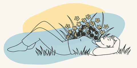 Poster - Blissful Escape An individual lies comfortably on a thick carpet of grass one hand leisurely resting on their stomach. Numerous small wildflowers have been plucked and whimsically