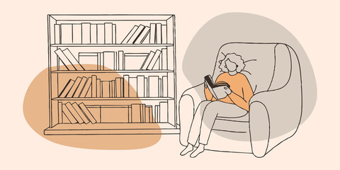 Poster - Books and Warmth The cozy cabin is lined with bookshelves filled with wellloved books. The person nestled in a chair with a pillow has one book in hand but is momentarily